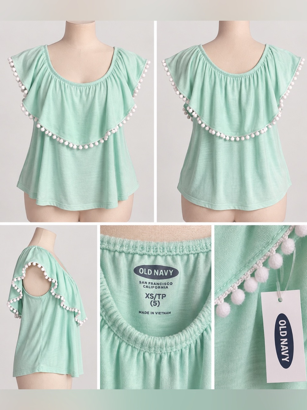 Old Navy NWT XS (5T) Mint Green Pom Pom Ruffle Flutter Sleeve Boho Top